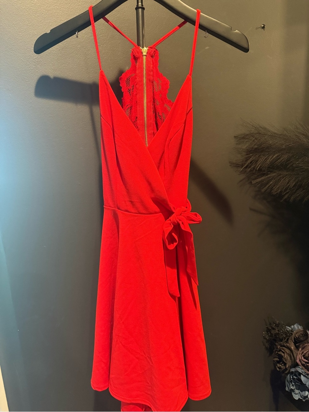 B Darlin Red Lace-Back Wrap Mini Dress